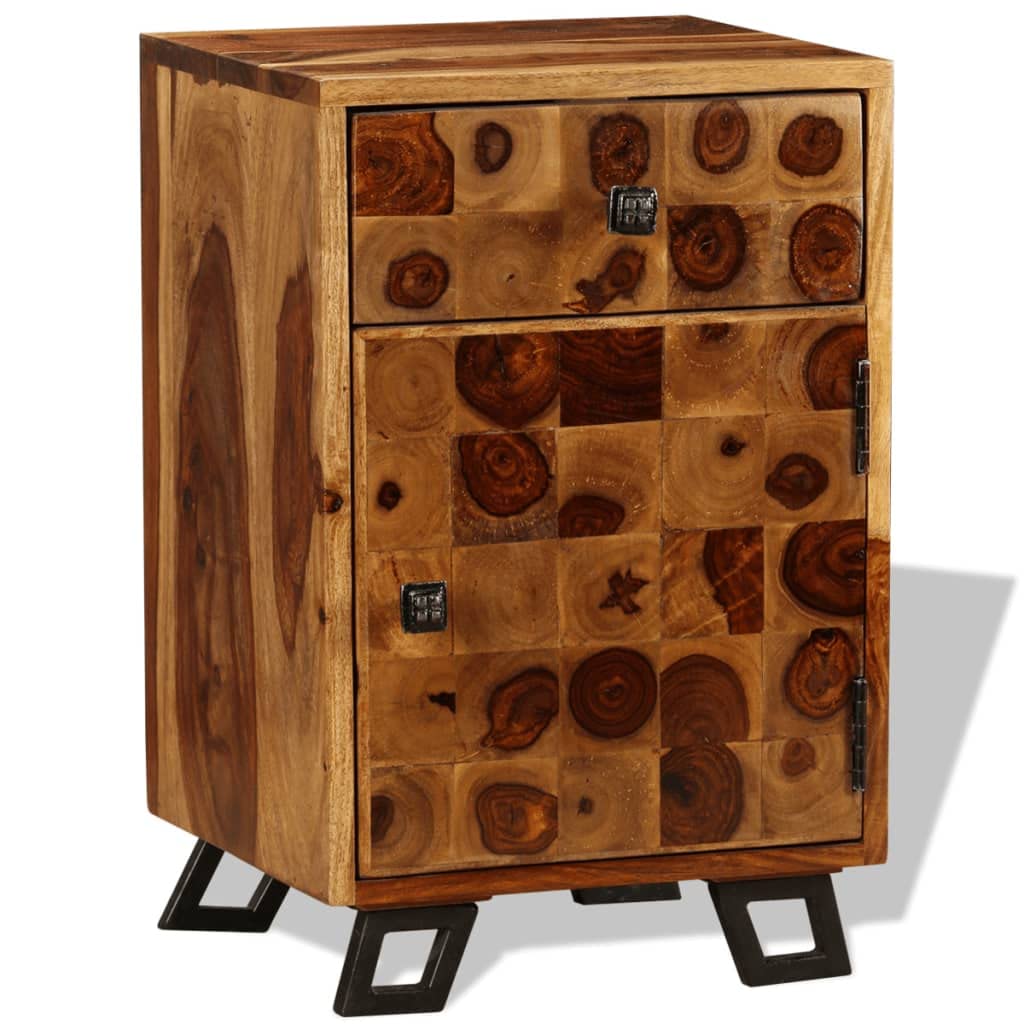 vidaXL Solid Sheesham Wood Nightstand Sturdy Iron Legs Storage Drawer Bedside Cabinet Home Bedroom Side Telephone Stand End Table